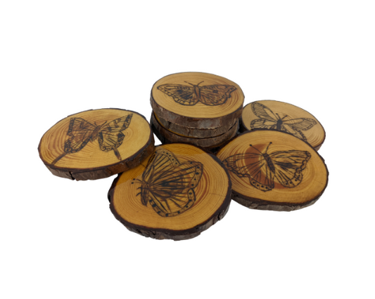 Handcrafted Wood Burned Butterfly Coasters