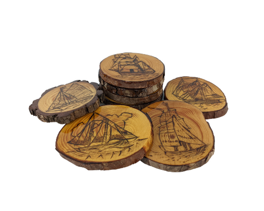 Handcrafted Wood Burned Ship Coasters