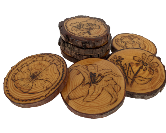 Handcrafted Wood Burned Flower Coasters