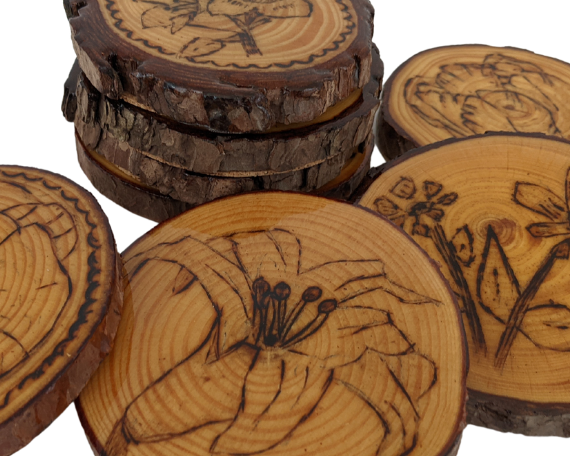 Handcrafted Wood Burned Flower Coasters