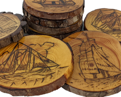 Handcrafted Wood Burned Ship Coasters