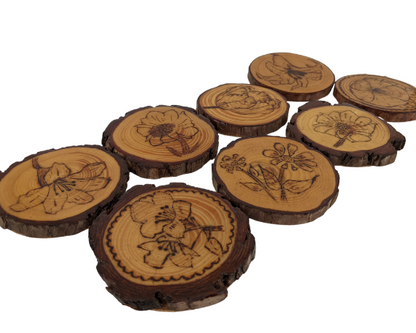 Handcrafted Wood Burned Flower Coasters