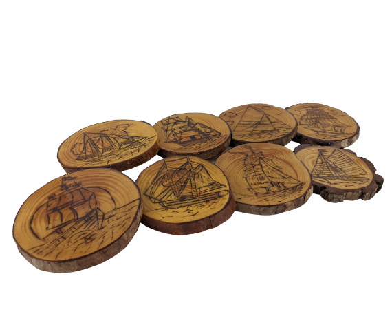 Handcrafted Wood Burned Ship Coasters