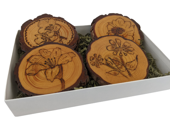 Handcrafted Wood Burned Flower Coasters