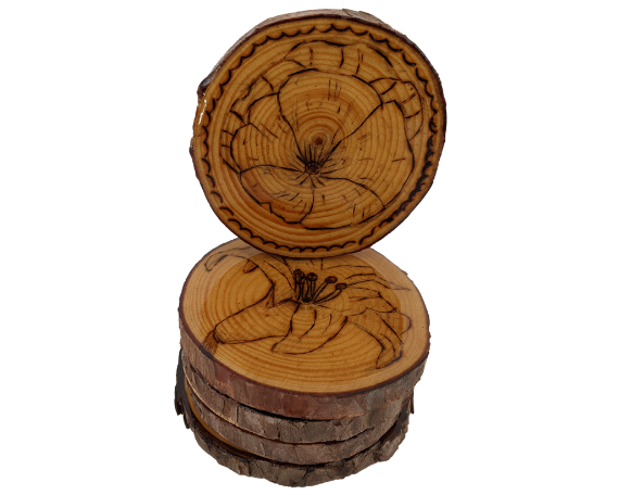 Handcrafted Wood Burned Flower Coasters