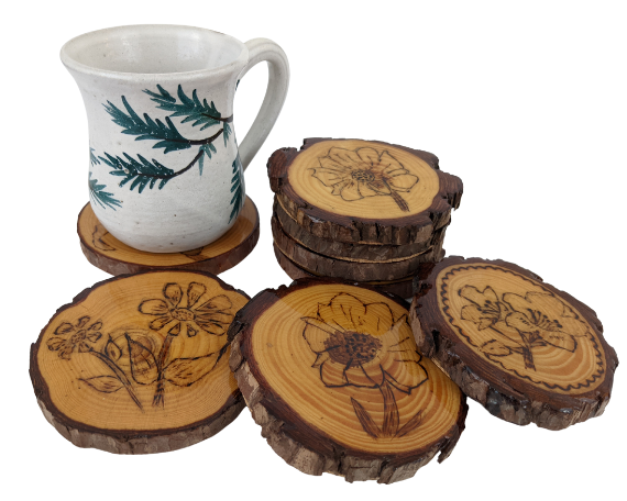 Handcrafted Wood Burned Flower Coasters