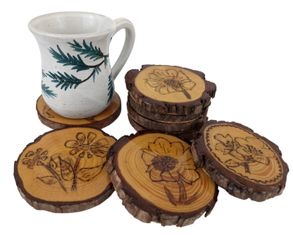 Handcrafted Wood Burned Flower Coasters