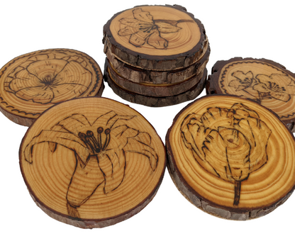 Handcrafted Wood Burned Flower Coasters