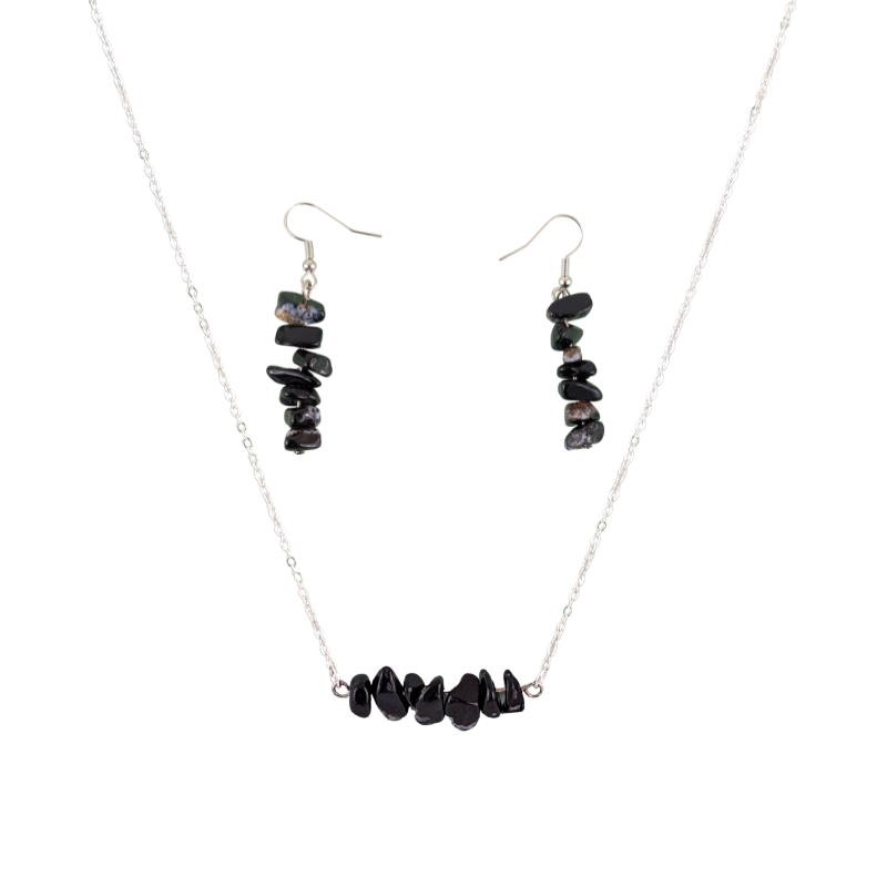 Black Agate Bar Necklace and Dangle Earrings Set