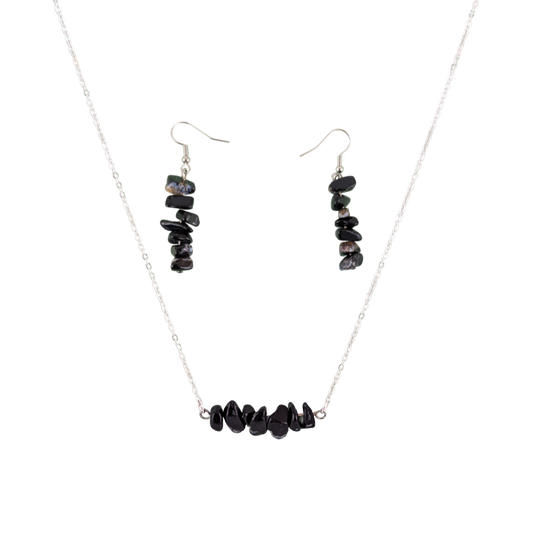 Black Agate Bar Necklace and Dangle Earrings Set