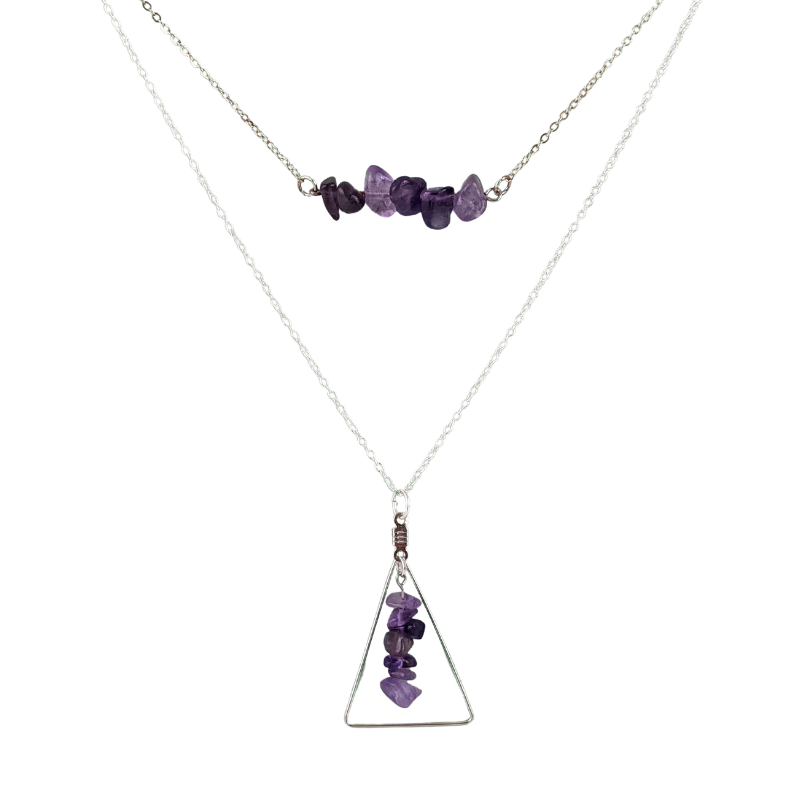 Amethyst Bar and Triangle Pendant Necklace Set