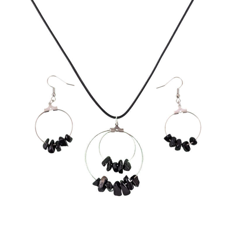 Black Agate Double Circle Pendant and Circle Hoop Earrings Set