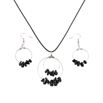 Black Agate Double Circle Pendant and Circle Hoop Earrings Set