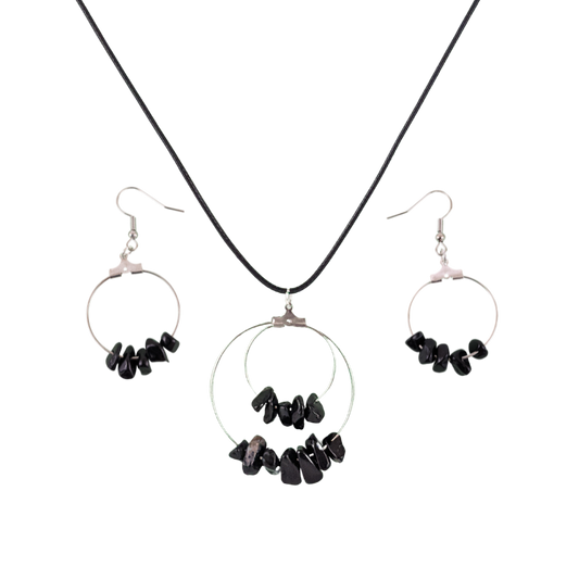Black Agate Double Circle Pendant and Circle Hoop Earrings Set