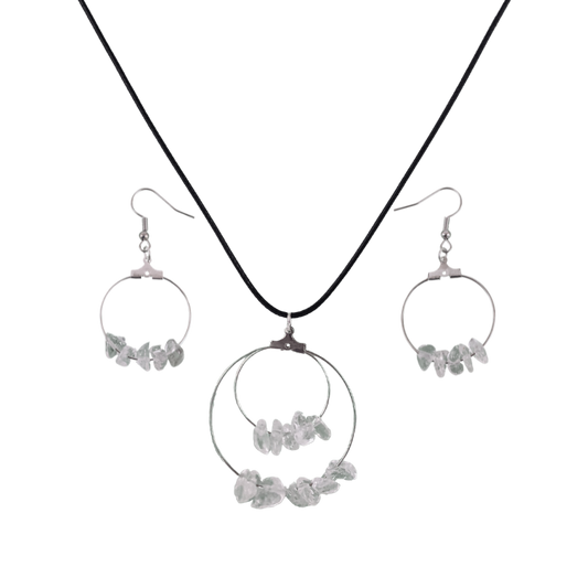 Crystal Quartz Double Circle Pendant and Circle Hoop Earrings Set