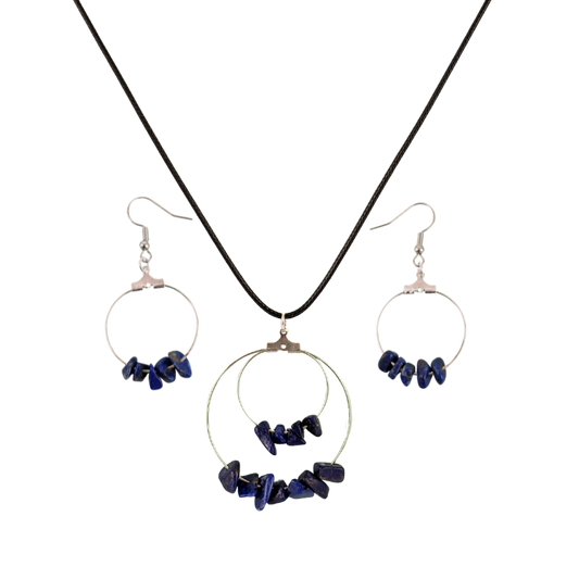 Lapis Lazuli Double Circle Pendant and Circle Hoop Earrings Set