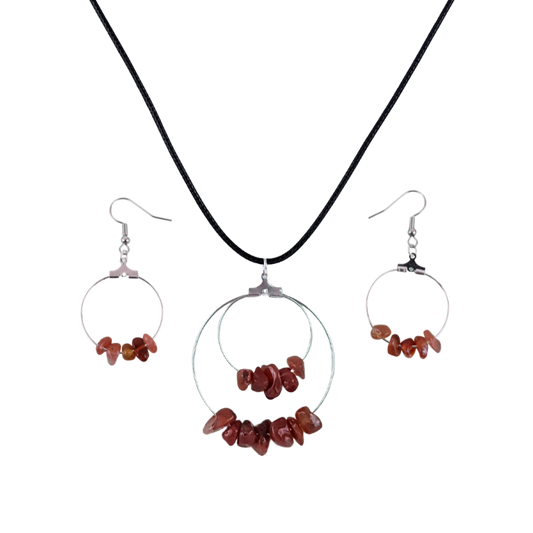 Red Carnelian Double Circle Pendant and Circle Hoop Earrings Set