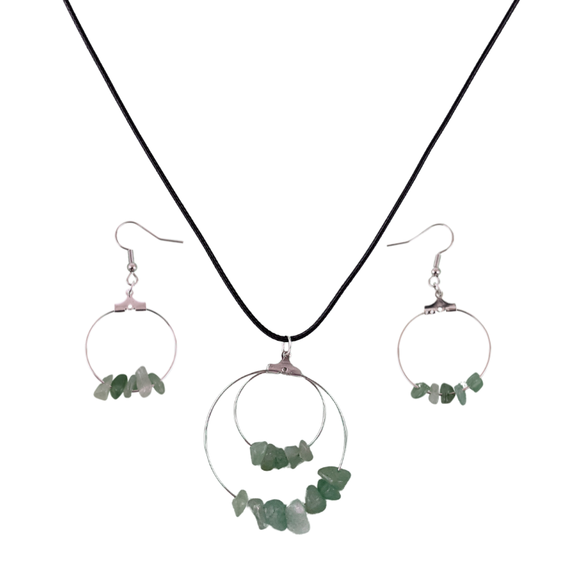 Aventurine Double Circle Pendant and Circle Hoop Earrings Set