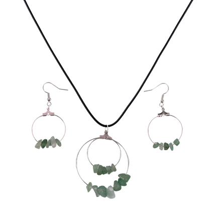 Aventurine Double Circle Pendant and Circle Hoop Earrings Set