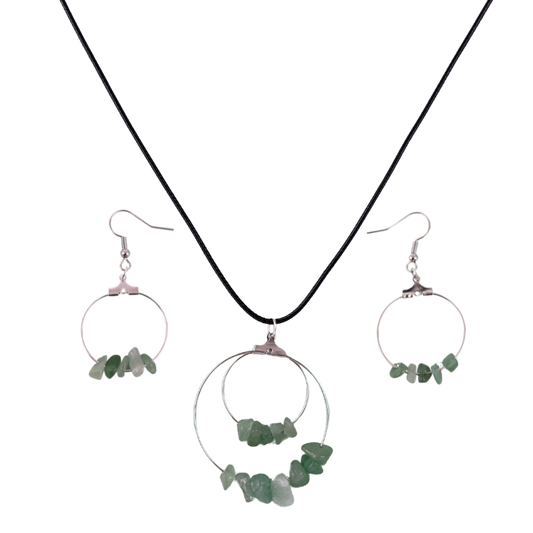 Aventurine Double Circle Pendant and Circle Hoop Earrings Set