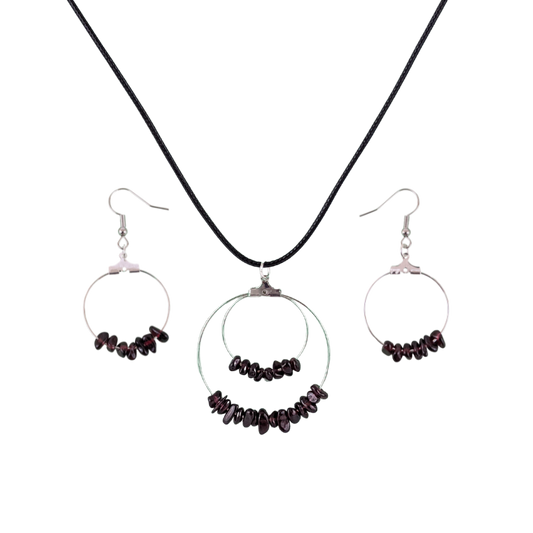 Garnet Double Circle Pendant and Circle Hoop Earrings Set