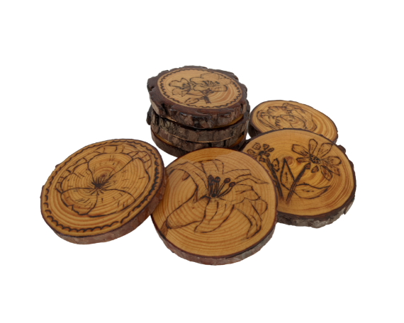 Handcrafted Wood Burned Flower Coasters