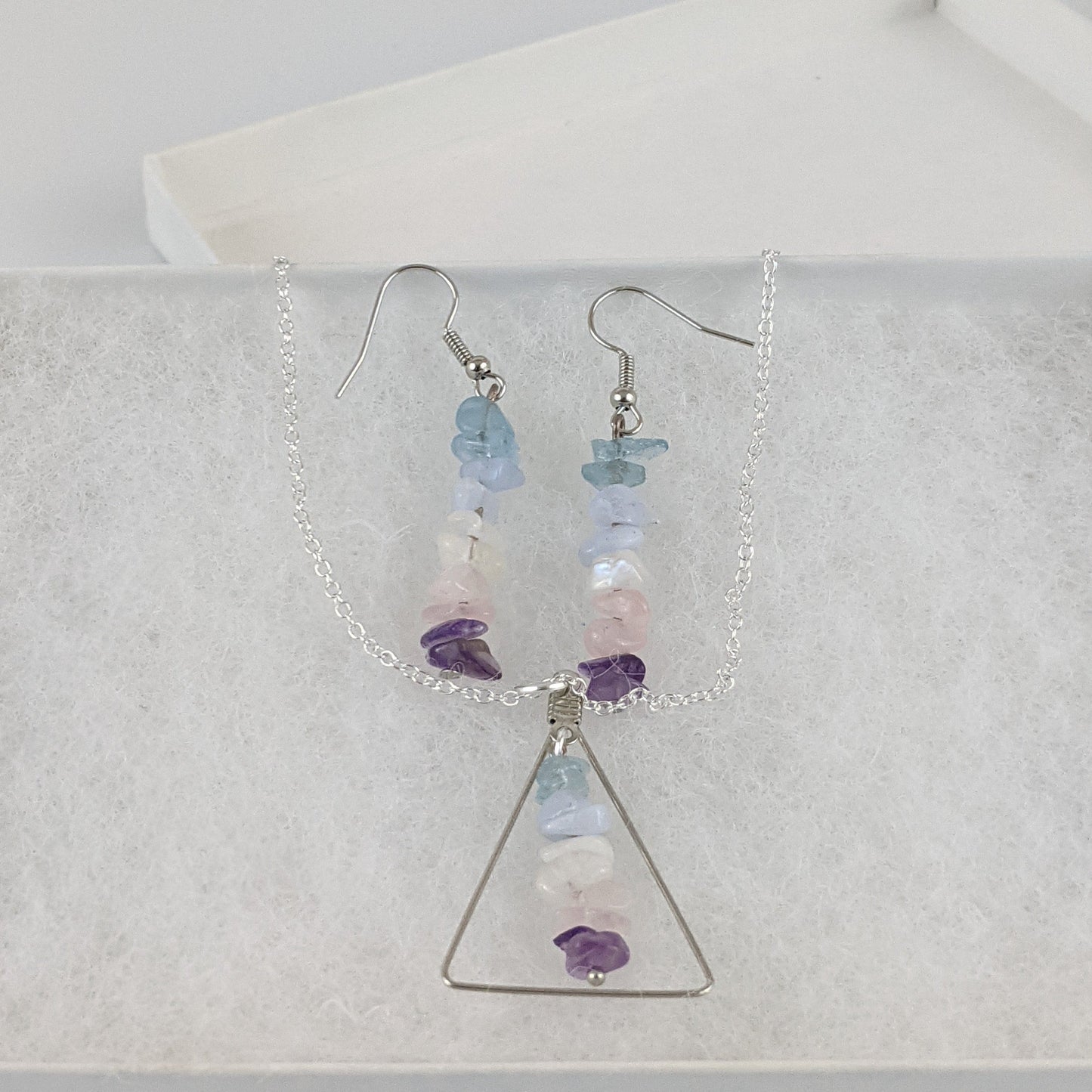 Good Vibes: Stress Relief and Calm Triangle Pendant and Dangle Earrings Set