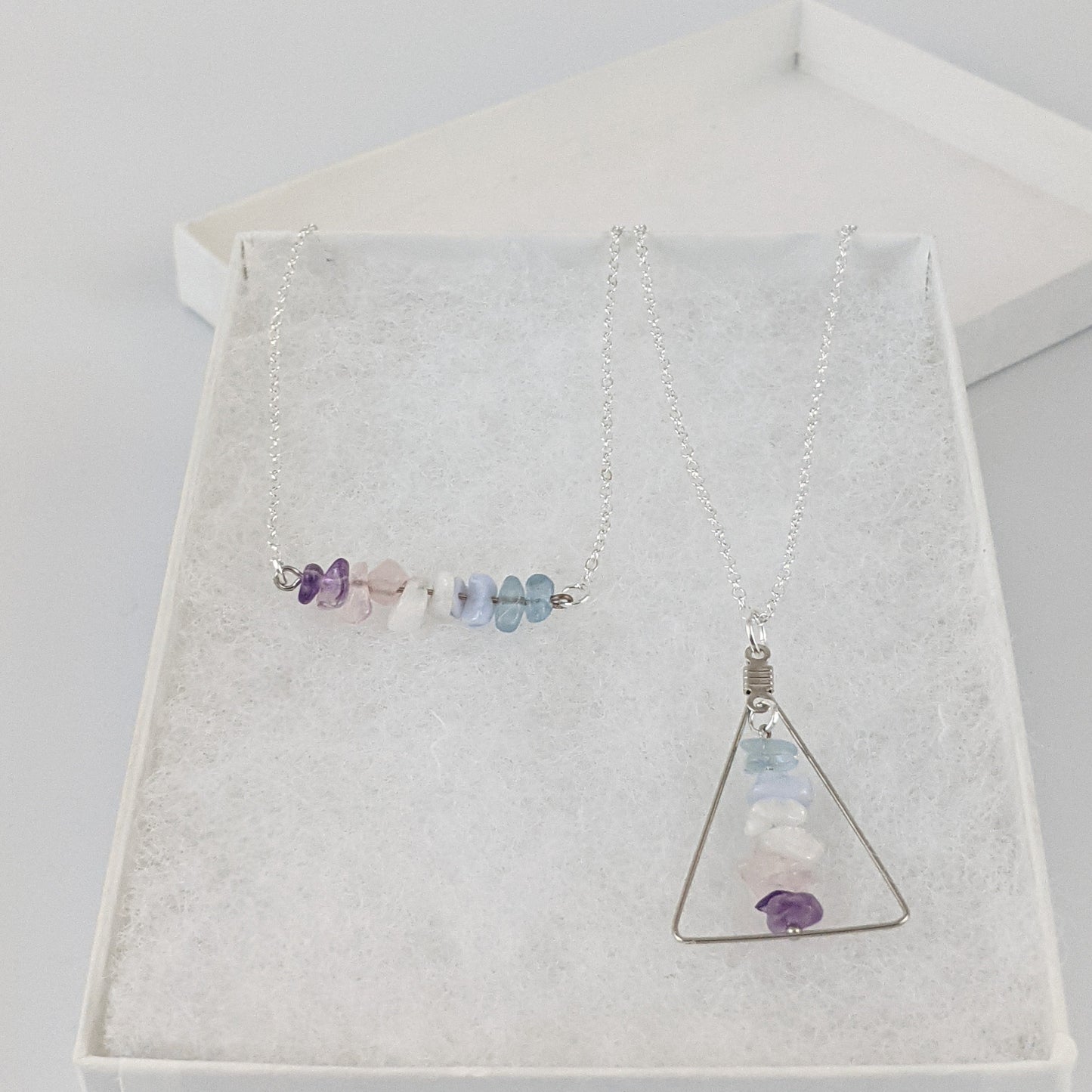 Good Vibes: Stress Relief and Calm Bar and Triangle Pendant Necklace Set