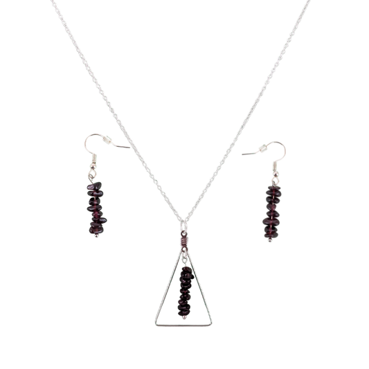 Garnet Triangle Pendant and Dangle Earrings Set