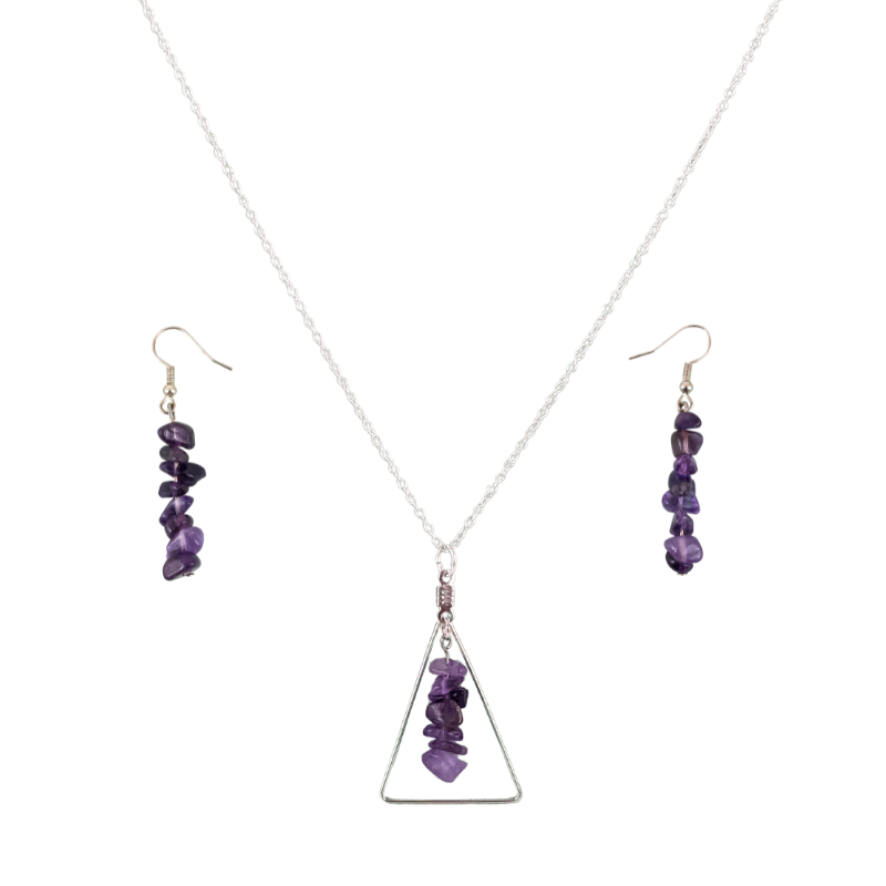 Amethyst Triangle Pendant and Dangle Earrings Set