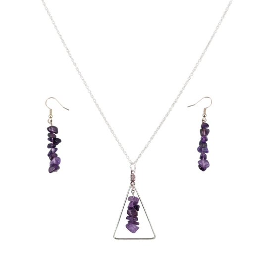 Amethyst Triangle Pendant and Dangle Earrings Set