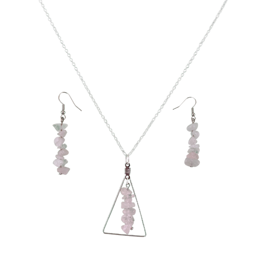 Rose Quartz Triangle Pendant and Dangle Earrings Set