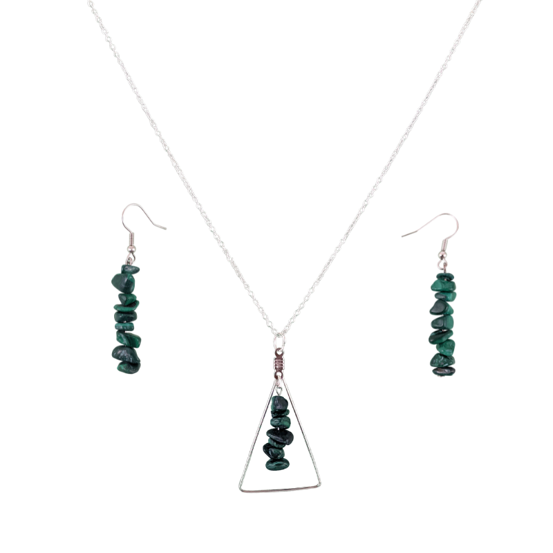 Malachite Triangle Pendant and Dangle Earrings Set