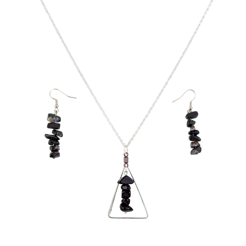 Black Agate Triangle Pendant and Dangle Earrings Set