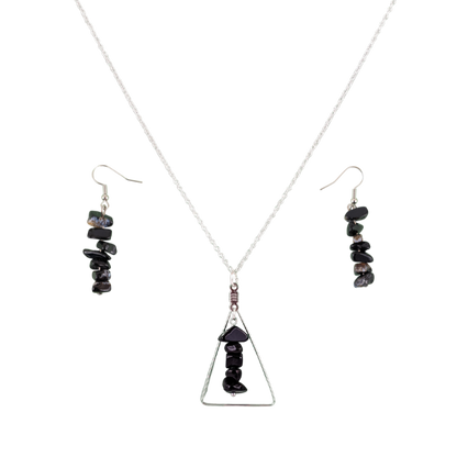 Black Agate Triangle Pendant and Dangle Earrings Set