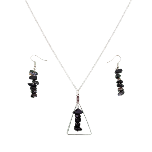 Black Agate Triangle Pendant and Dangle Earrings Set