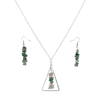 Aventurine Triangle Pendant and Dangle Earrings Set