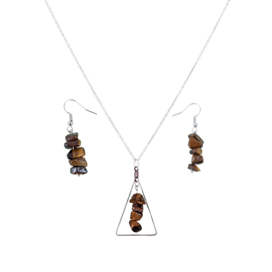 Tiger Eye Triangle Pendant and Dangle Earrings Set