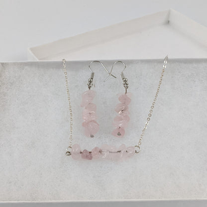 Rose Quartz Bar Necklace and Dangle Earrings Set