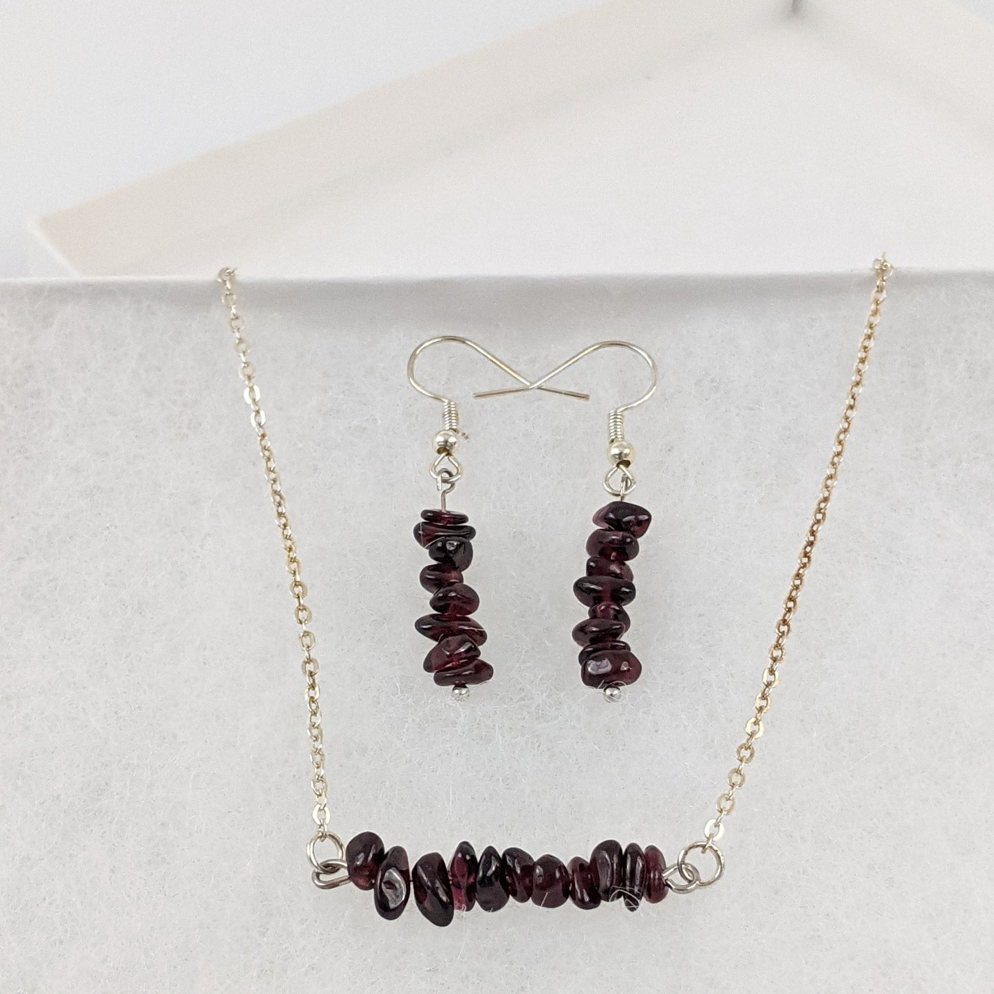 Garnet Bar Necklace and Dangle Earrings Set