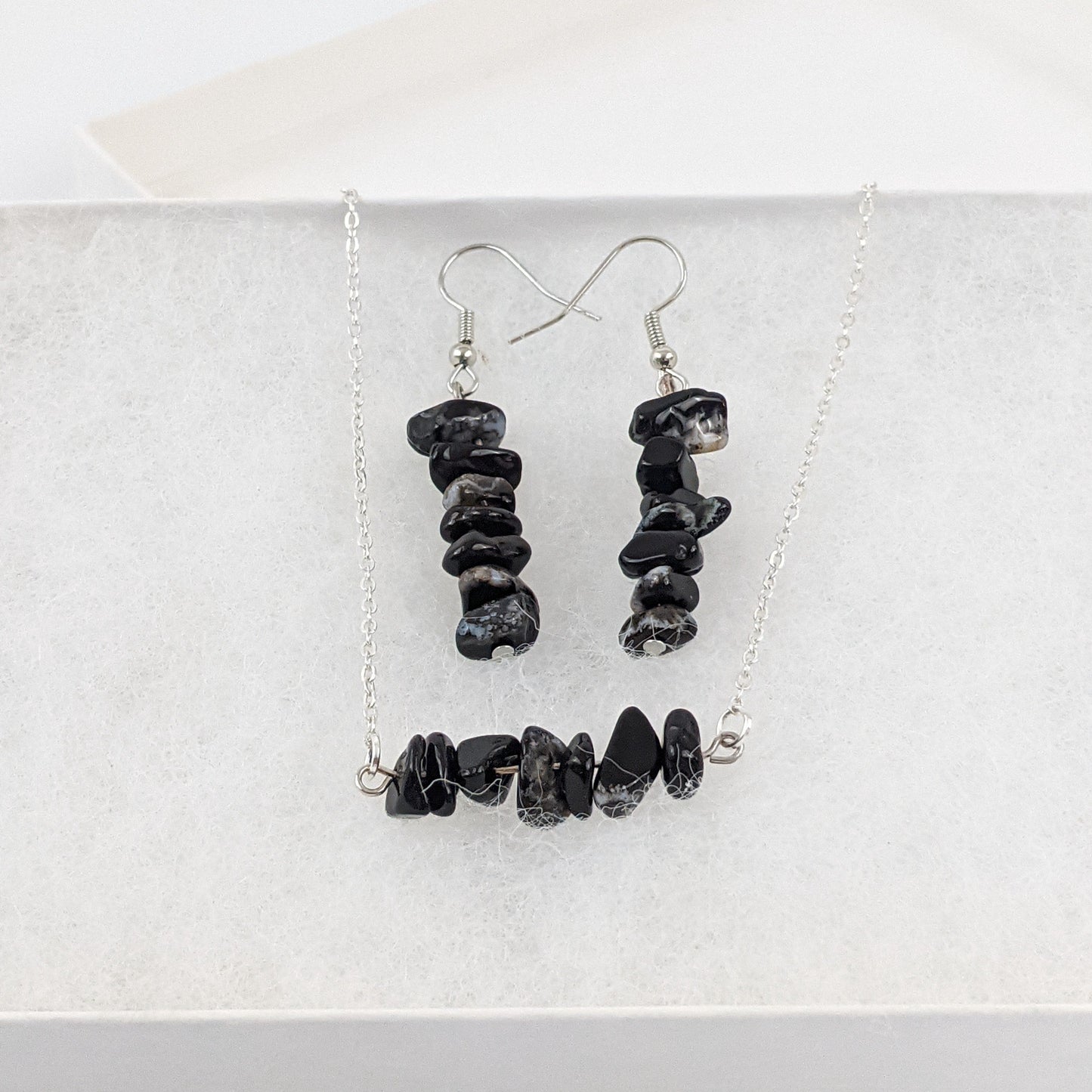 Black Agate Bar Necklace and Dangle Earrings Set