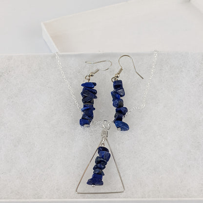 Lapis Lazuli Triangle Pendant and Dangle Earrings Set