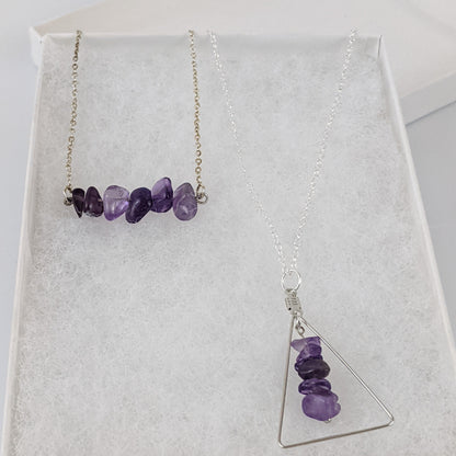 Amethyst Bar and Triangle Pendant Necklace Set