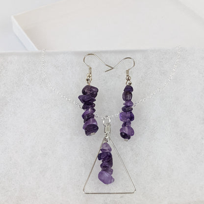 Amethyst Triangle Pendant and Dangle Earrings Set