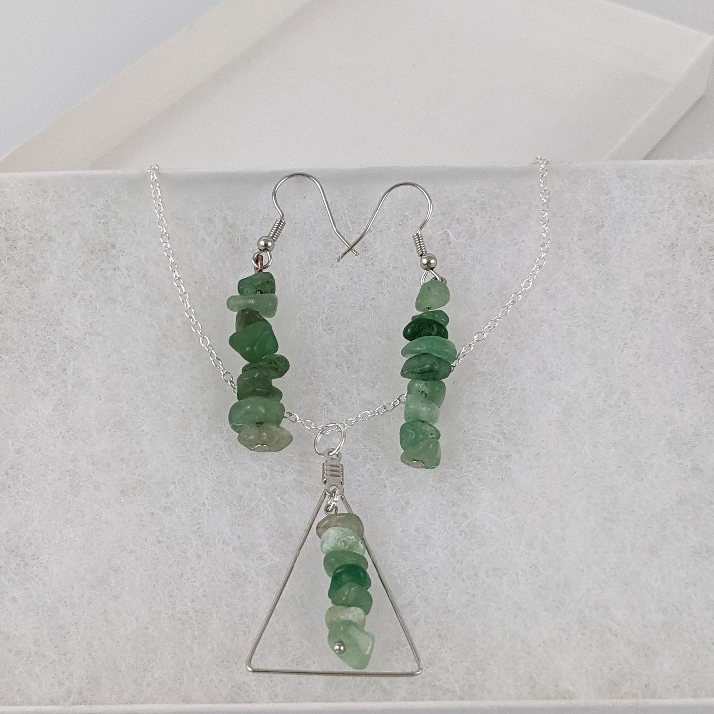 Aventurine Triangle Pendant and Dangle Earrings Set