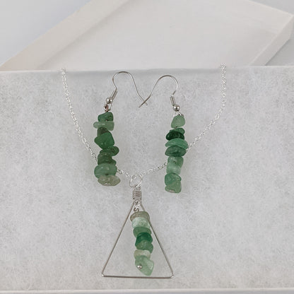 Aventurine Triangle Pendant and Dangle Earrings Set