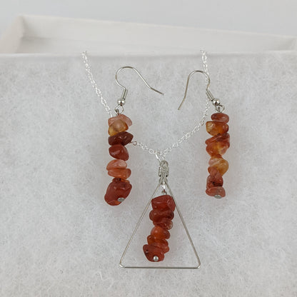 Red Carnelian Triangle Pendant and Dangle Earrings Set