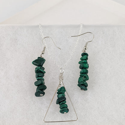 Malachite Triangle Pendant and Dangle Earrings Set