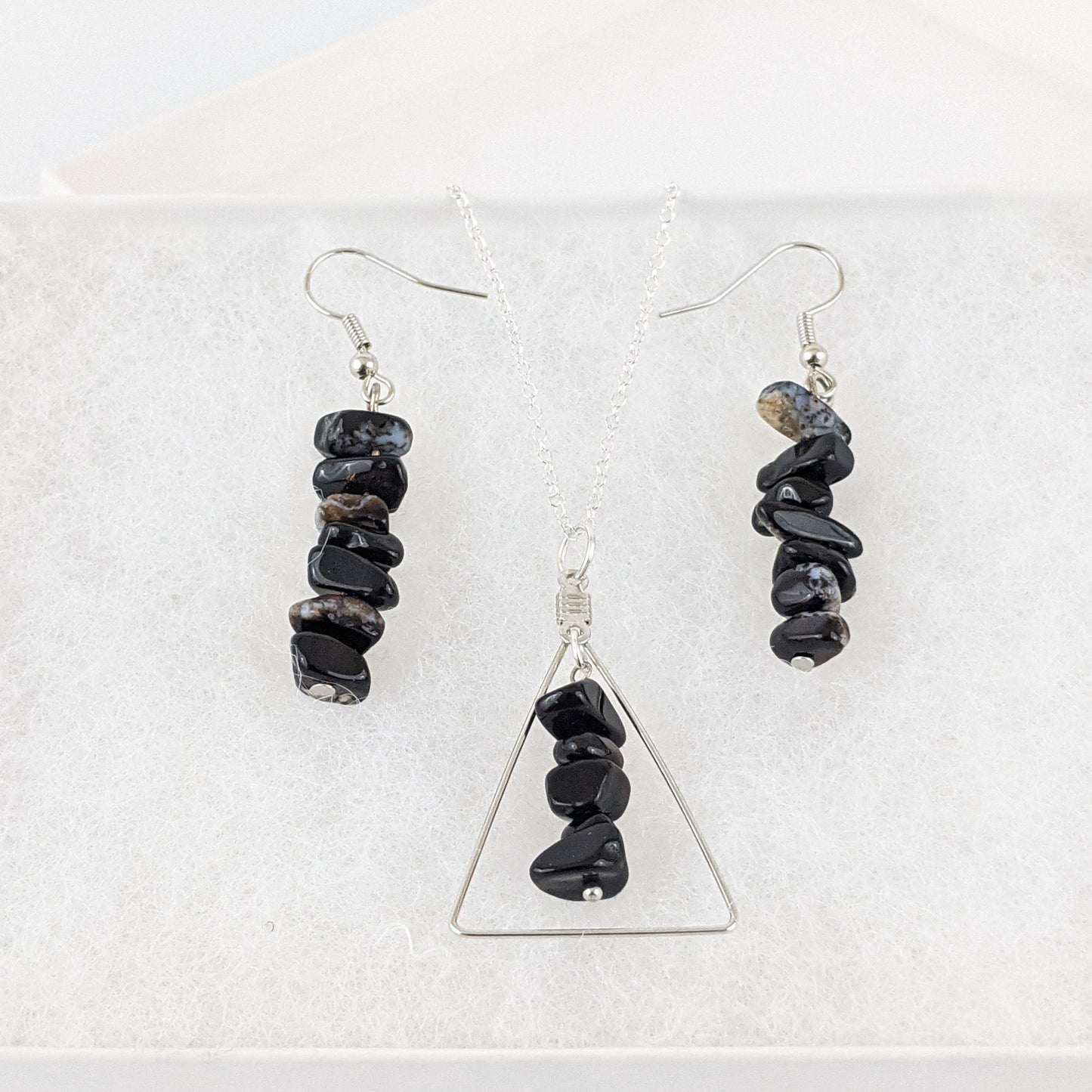 Black Agate Triangle Pendant and Dangle Earrings Set