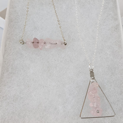 Rose Quartz Bar and Triangle Pendant Necklace Set